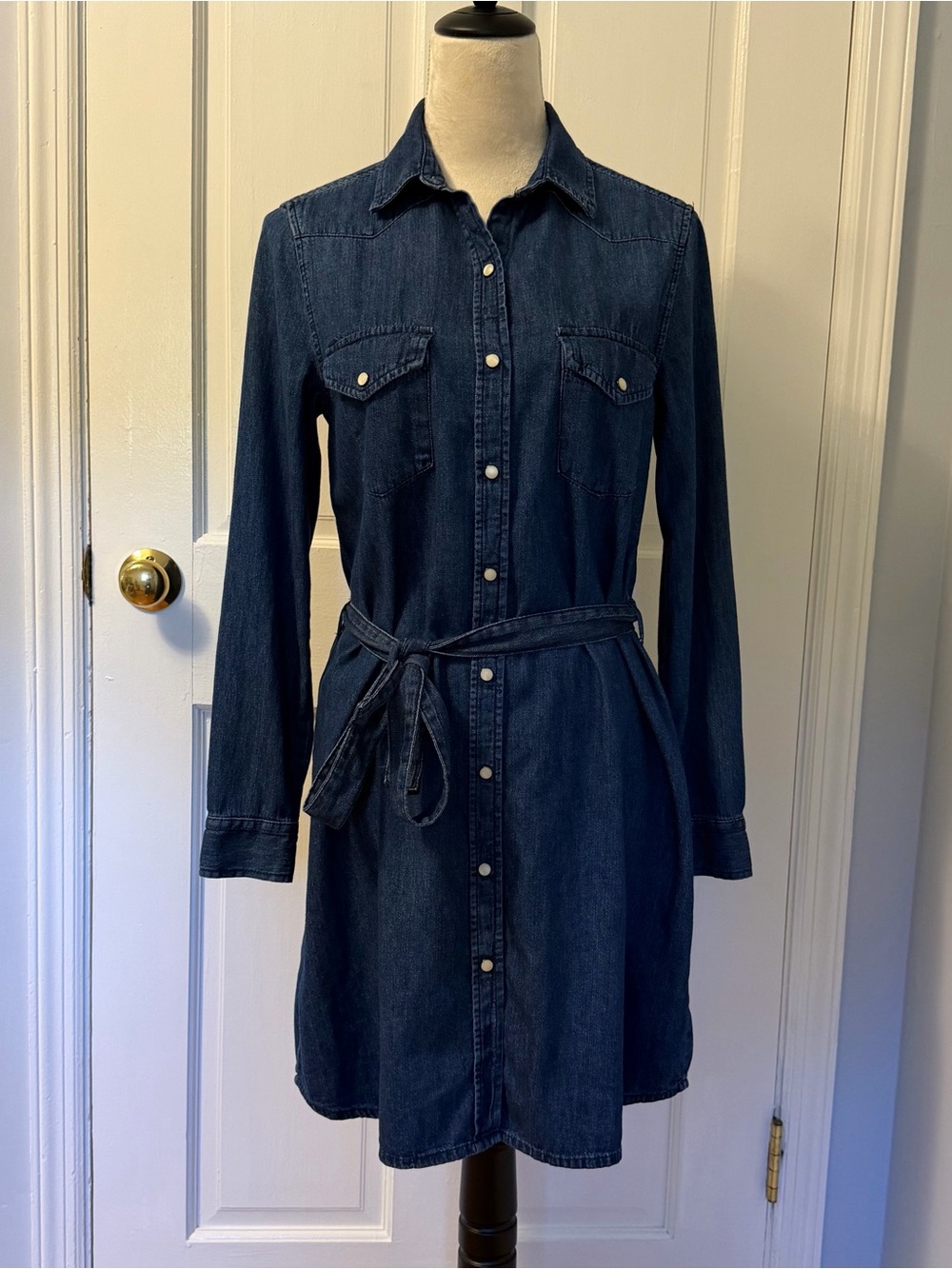 Gap Women's Blue Denim Long Sleeve Jeans Shirt Dress With Pearl Snap Buttons, XS